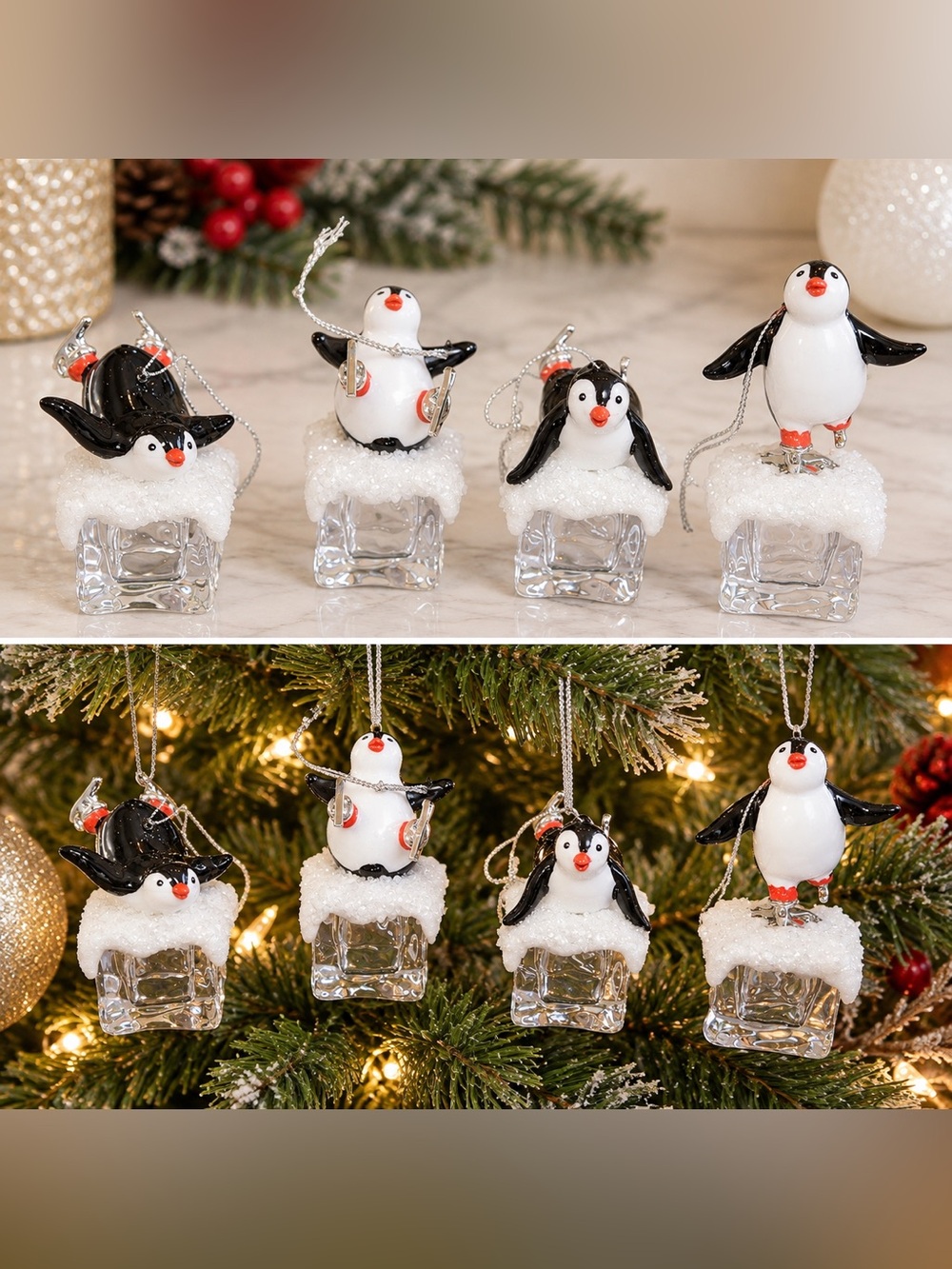 Set of 4 Penguin Ice Skating Christmas Ornaments Holiday Decor